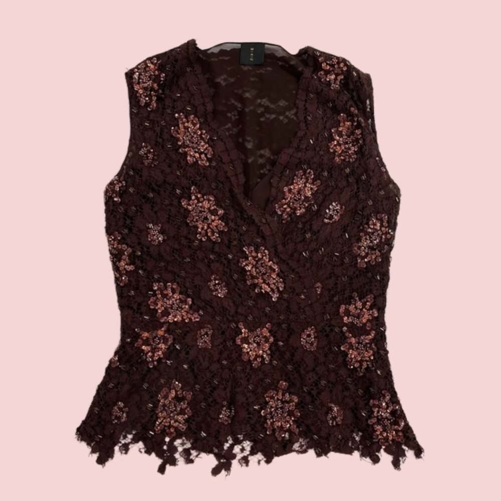 Women's Top "MAG" Brown Sleeveless Lace and Sequins/Beading V-Neck Top Size Smal